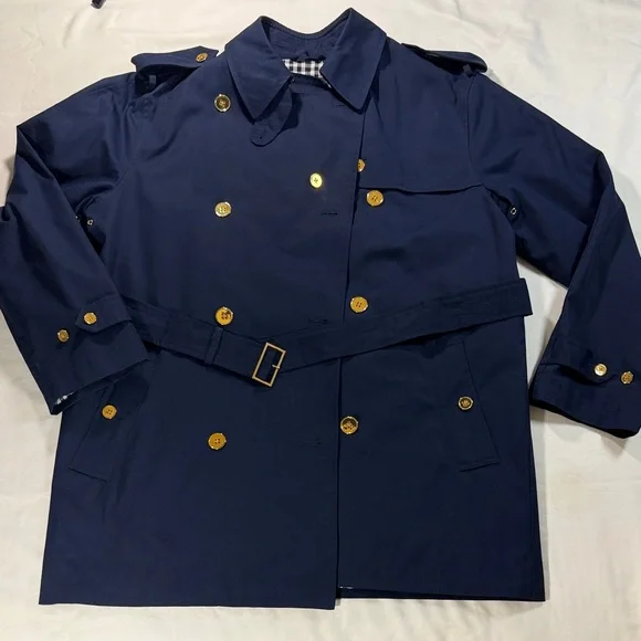 Lauren Ralph Lauren Navy Double-Breasted Belted Trench Coat Checkered Lining L - Picture 7 of 16